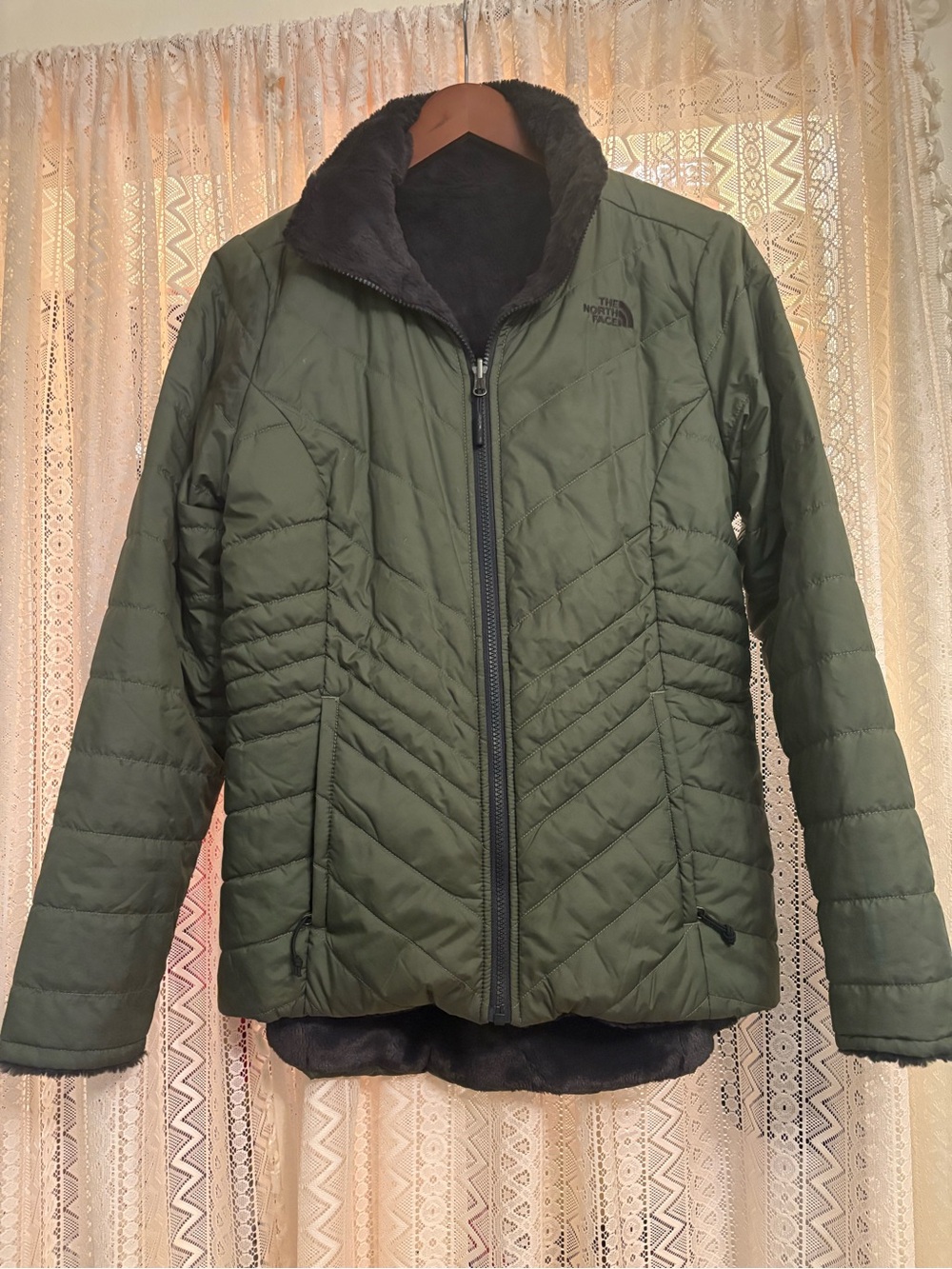 The North Face Olive Green Quilted Insulated Reversible Jacket